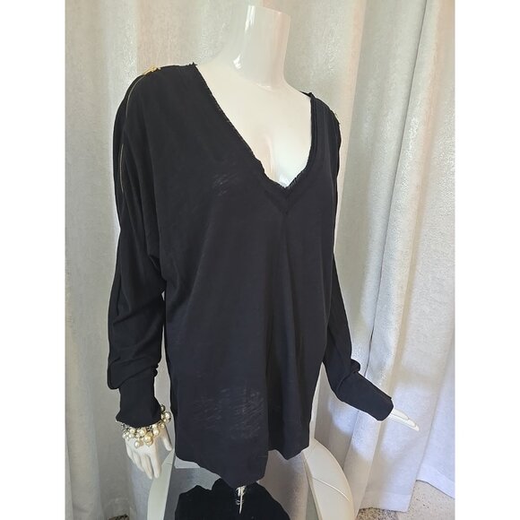 Rachel Roy Women V-Neck T Shirt Cold Zip Open Cold Shoulders Black Large Sexy - Picture 2 of 14